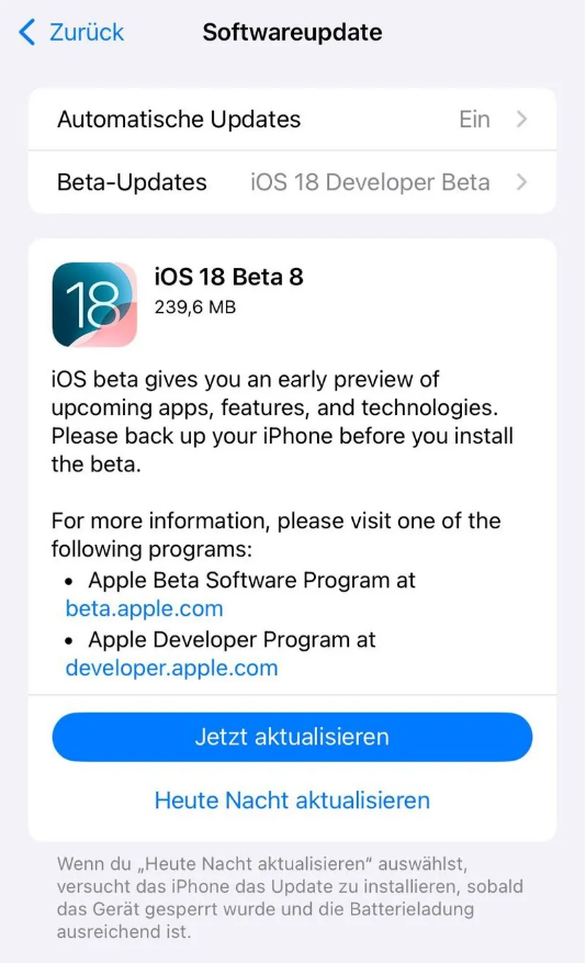 孝感苹果手机维修分享苹果 iOS / iPadOS 18 开发者预览版 Beta 8 发布 